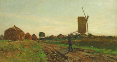 DAMOYE Pierre Emmanuel Eugène (1847-1916) «Le retour des champs près du moulin» Huile...