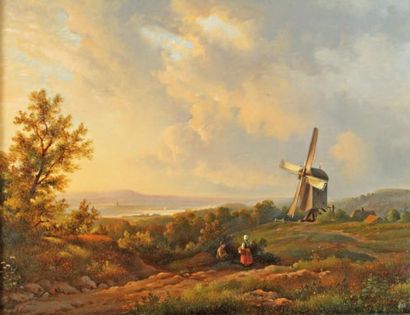 KLEYN Lodewijk Johannes (1817-1897) «Paysage animé au moulin» Huile sur panneau,...