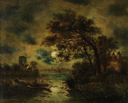 MESDAG Hendrik Willem (1831-1915) Attribué à «La pleine lune sur le moulin» Huile...