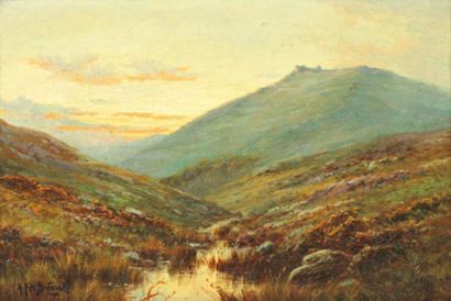 DE BREANSKI Alfred (1852-1928) «La lande fleurie» Huile sur toile, signée en bas...