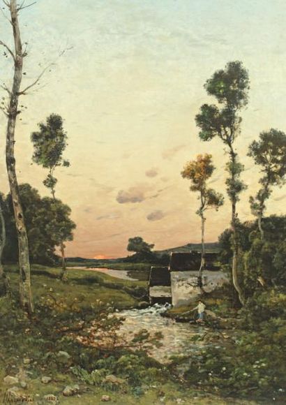 HARPIGNIES Henri Joseph (1819-1916) «Pêcheur près du moulin à eau» Huile sur toile,...