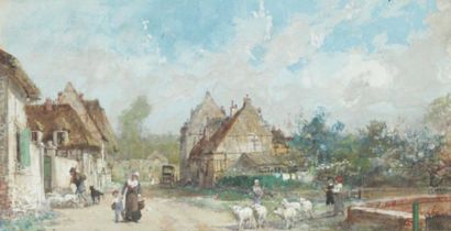 LOIR Luigi (1845-1916) «Retour des moutons au village» Aquarelle gouachée, signée...