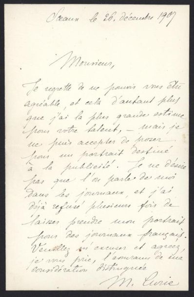 null CURIE Marie (1867-1934), physicienne et chimiste.
Lettre autographe signée,...