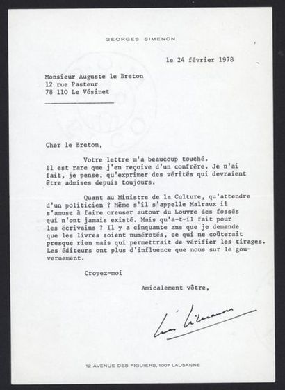 null Georges SIMENON (1903-1989) écrivain belge, créateur du célèbre Maigret.
Lettre...