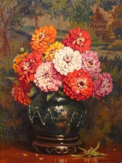 Paul Adhémar BELLANGER (1868-1948) "Bouquet de Zinnias" Huile sur toile, signée en...