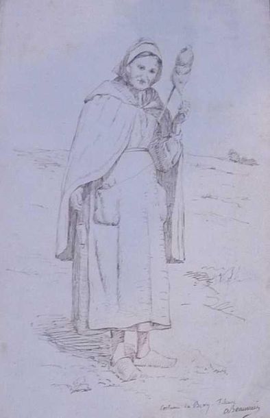 Arnold BEAUVAIS (Fin XIXème- XXème siècle) "La fileuse - Costume du Berry" Plume,...