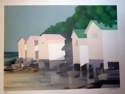 Freddy DEFOSSEY (né en 1932) Maisons en bord de plage
Lithographie, signée en bas...