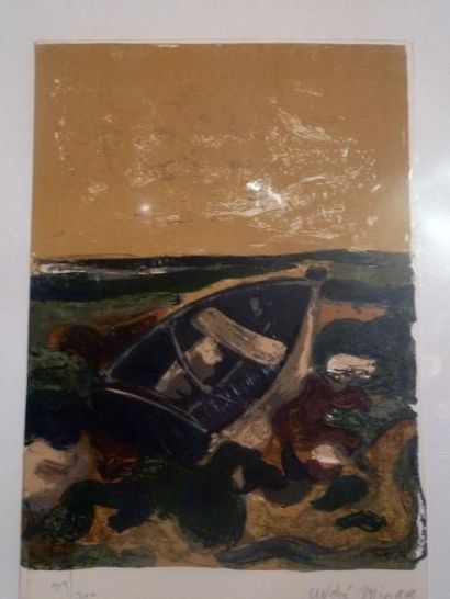 André MINAUX (1923-1986) Barque en mer
Lithographie, signée en bas à droite, 179/200...