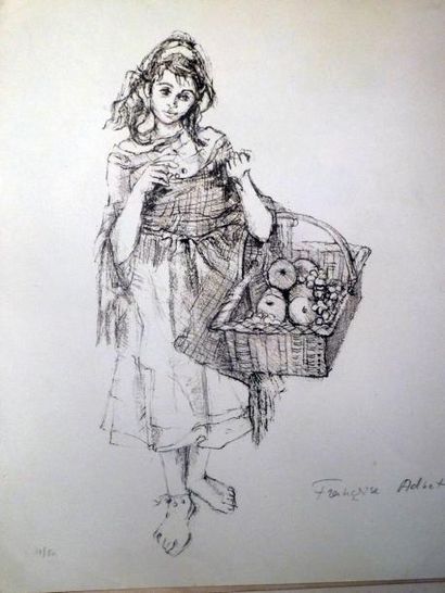 Françoise ADNET (née en 1924) La petite marchande de fruits
Lithographie noir et...