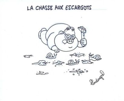 LINDINGRE "La chasse aux escargots" Dessin au feutre et crayon bleu, signé. Fluide...
