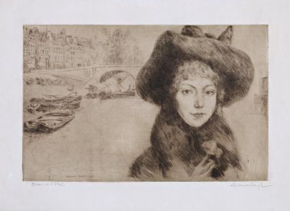 Richard RANFT (1862-1931) « Jeune Femme devant le Pont Marie », Estampe, signé en...