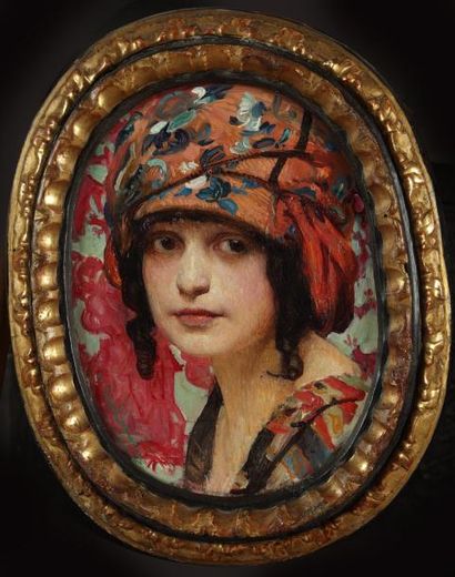 William LAPARRA (1873 - 1920) « Portrait de Jeune Femme au turban », Huile sur panneau,...