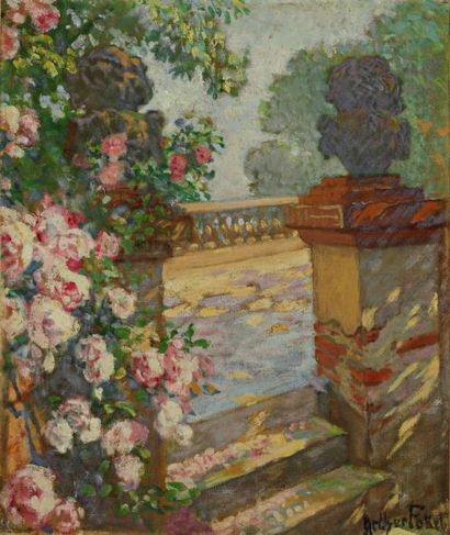 Arthur FOACHE (1871-1967) « Terrasse avec des rosiers », Huile sur toile, signé en...