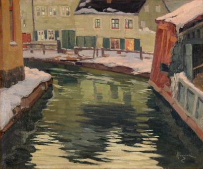 Ohannès ALHAZIAN (1881-1958) « Village du Loir sous la neige », Huile sur panneau,...