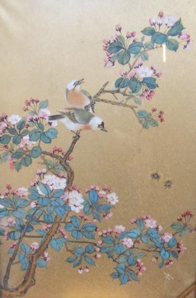 null « Oiseau branché », Huile sur papier à fond or, Chine, XXe siècle