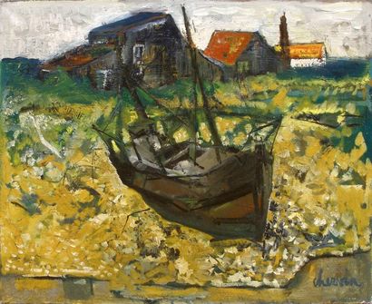 Louis CHERVIN (1905-1969) « La barque à Gravelines -1956 », Huile sur toile, signée...