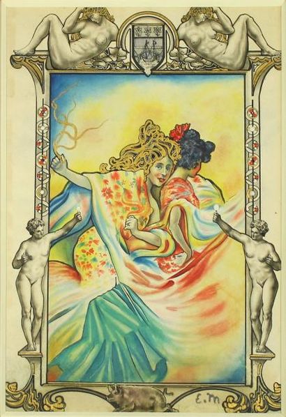 Edgar MAXENCE (1871-1954) « Rêverie symboliste », Gouache, rehauts d'or et perles,...