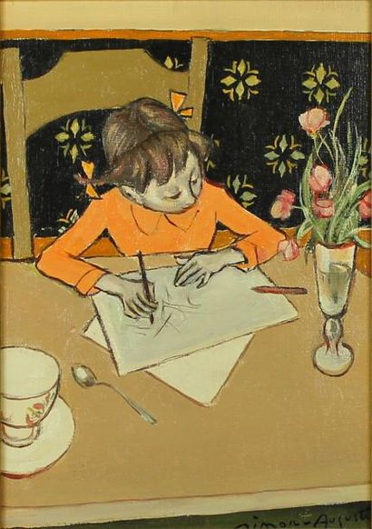 Simon SIMON-AUGUSTE (1909-1987) « Enfant dessinant », Huile sur toile, signée en...