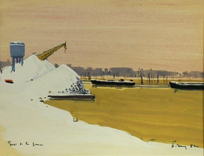 Henri DAVY (1913-1988) « Les sablières sous la neige », Gouache, signée, datée 82...