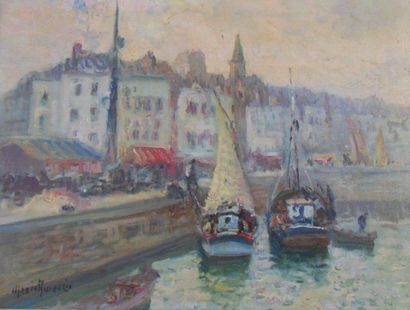 Merio AMEGLIO (1897-1970) « Voiliers en Normandie », Huile sur toile, signée en bas...