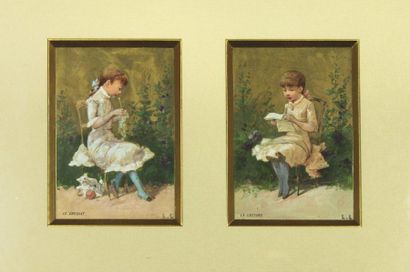Luigi LOIR (1845-1916) « La lecture » et « Le crochet », Gouaches sur fond or, cachet...