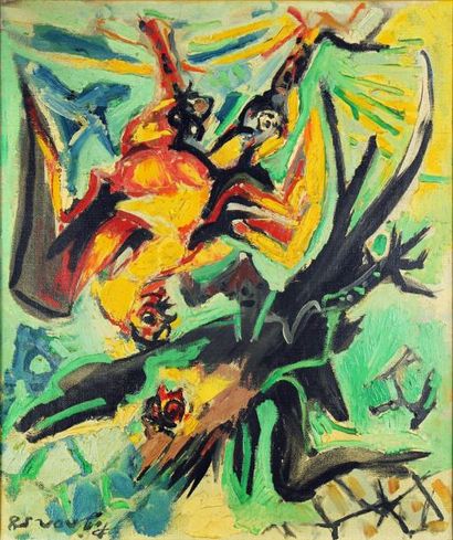 Edouard PIGNON (1905-1993) « Combat de coqs -1958 », Huile sur toile, signée et datée...