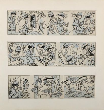 null Raoul THOMEN (1876-1950) "Charlot" Trois strips à l'encre et crayon bleu. Signé...