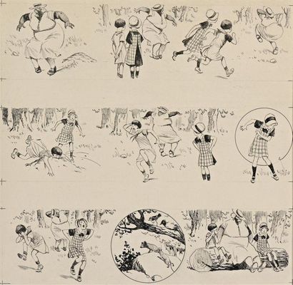 null René GIFFEY (1884-1965) "Nigaude et Malicette" Encre, trois strips en une page....
