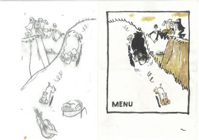 null F'MURRR "Les amis de Hergé" Menu 2015. Dessin préparatoire à l'encre de chine....