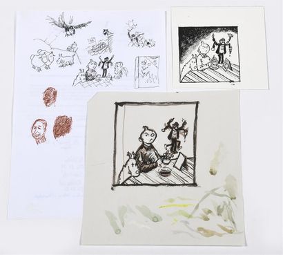 null F'MURRR "Les amis d'Hergé" un dessin à l'encre (12.5 x 13.5 cm) et deux pages...