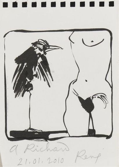 null René NOEL (né en 1948) "Corbeau" Encre signée et datée 2010. 14,8 x 10,5 cm...