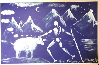 null Jérôme MESNAGER (né en 1961) "Berger et mouton" Gouache sur papier bleu, signé...