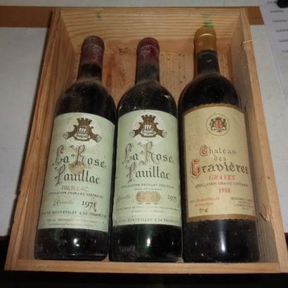 null 3 bouteilles: 2 La rose Pauillac, 1975. 1 Chateau des Gravillères, graves 1...