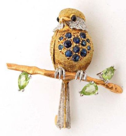 null BROCHE "petit oiseau sur sa branche" en platine, or jaune et or rose ciselé...