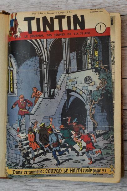 null TINTIN Recueil en demi reliure des journaux de Tintin année 1951 dans un cartonnage...