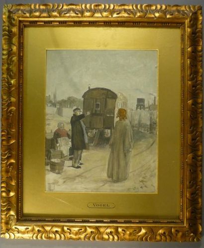 null Herman VOGEL ( 1856-1919) Devant la roulotte, aquarelle sur papier signée en...