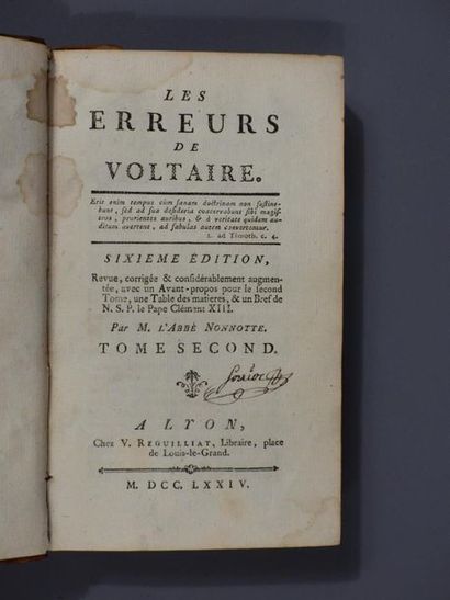 null H : Abbé NONOTTE, Les erreurs de Voltaire, 2 vol in-8 plein veau, Lyon 1774