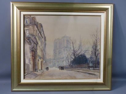 null [Paris] Jean LAFORGUE (1901-1975), Notre-Dame de Paris, aquerelle sur papier,45...