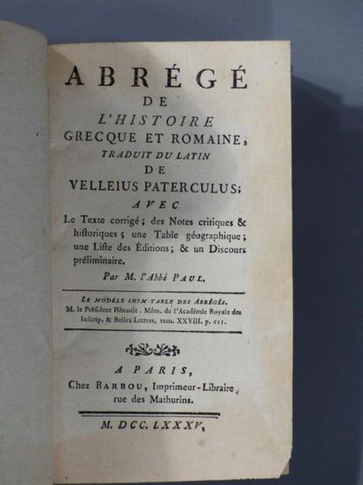 null Abbé PAUL, Abrégé de l'Histoire grecques, 1 vol in-8 plein veau, Paris chez...