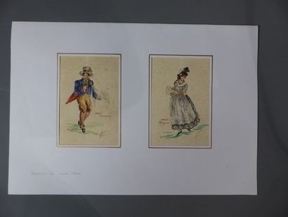 null [Tournus] Louise TENE, Paire d'aquarelles sur papier figurant des mariés tournugeois,...