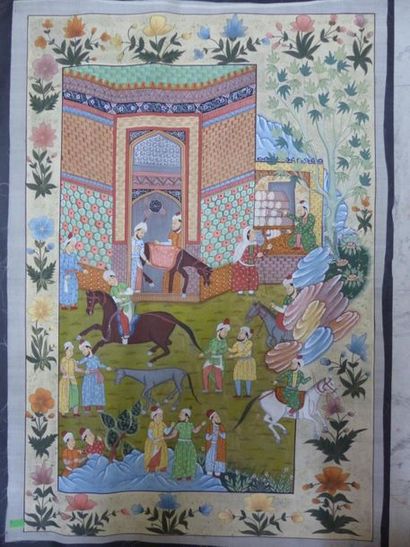 null Iran, Scène hippyque, gouache sur soie, XXème siècle, 81x55 cm