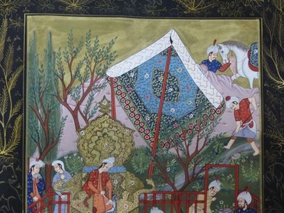 null Iran, scène animée dans une double bordure, gouache sur soie, XXème siècle,...