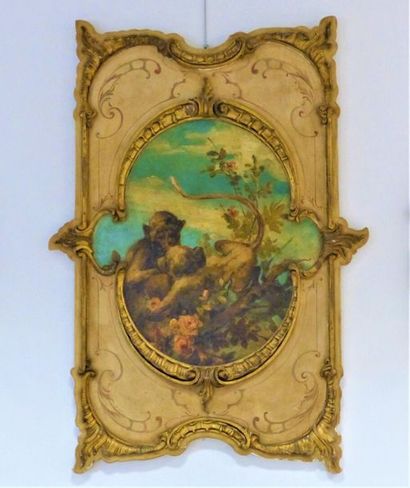 Panneau en bois sculpté,Italie, XIXème siècle. Panneau en bois sculpté, laqué et...