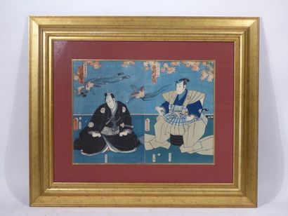 JAPON, estampe JAPON. 
Estampe de Toyokuni, représentant deux Samouraï acteurs de...
