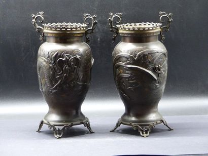 JAPON. Ere MEIJI . Paire de vases en bronze patiné JAPON, fin de l'époque Meiji (1868...