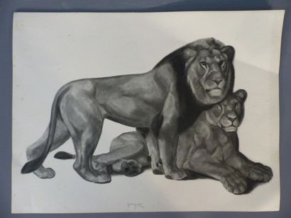 Georges Lucien GUYOT Georges Lucien GUYOT (1885-1973).Lion et lionne, lithographie.... Gazette Drouot