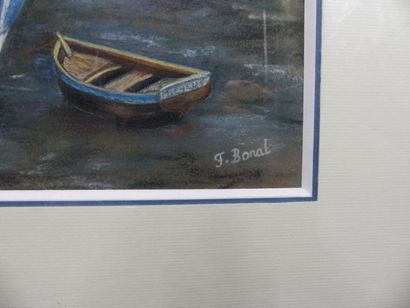 Barques à marée basse, Ecole bretonne du XXème siècle, Barques à marée basse, pastel...