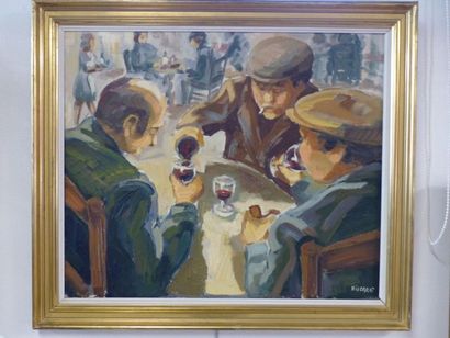 null Jean BISCARAT, Les buveurs de vin, huile sur toile, Signé en bas à droite, 65...