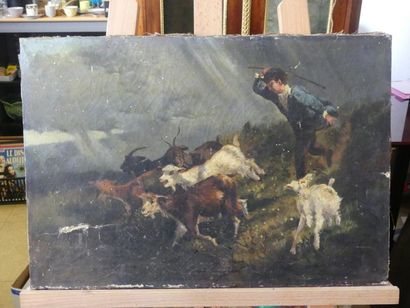 Huile sur toile Ecole française du XXème siècle. Huile sur toile, Berger et ses moutons....
