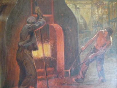 Pierre BONNAUD Pierre BONNAUD (1865-1930) La forge, huile sur toile, Signé en bas...